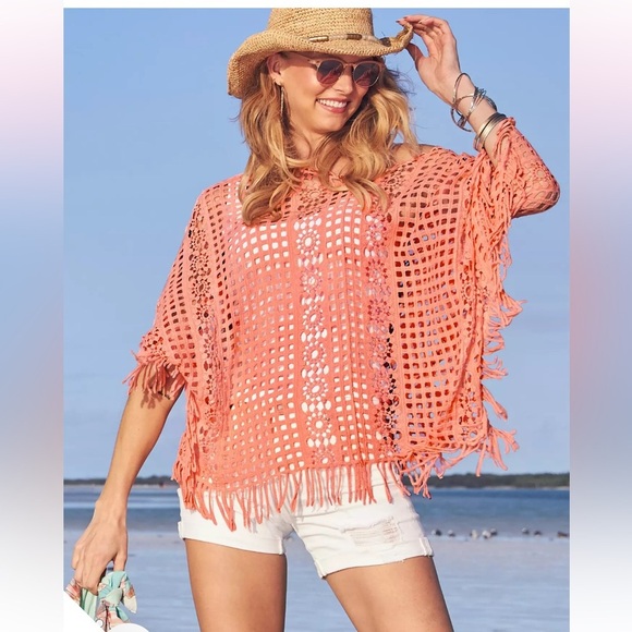 Boston Proper Effortless Crochet Pullover boho poncho in peach bud pink size S/M - Picture 1 of 5